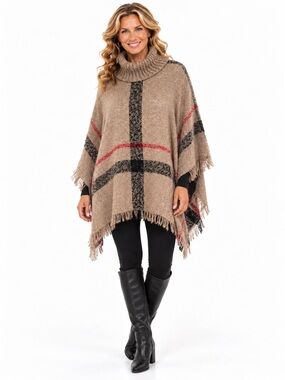 CANDOR NEW YORK CITY Turtleneck Fringe Poncho Sweater Taupe Plaid Size OS
